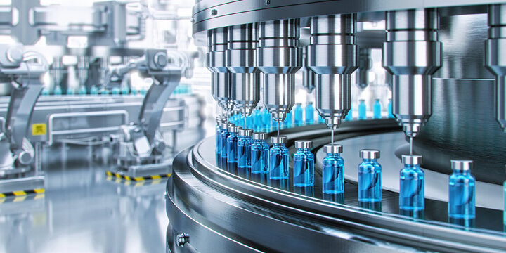Vials moving through an automated aseptic filling line in a pharmaceutical cleanroom